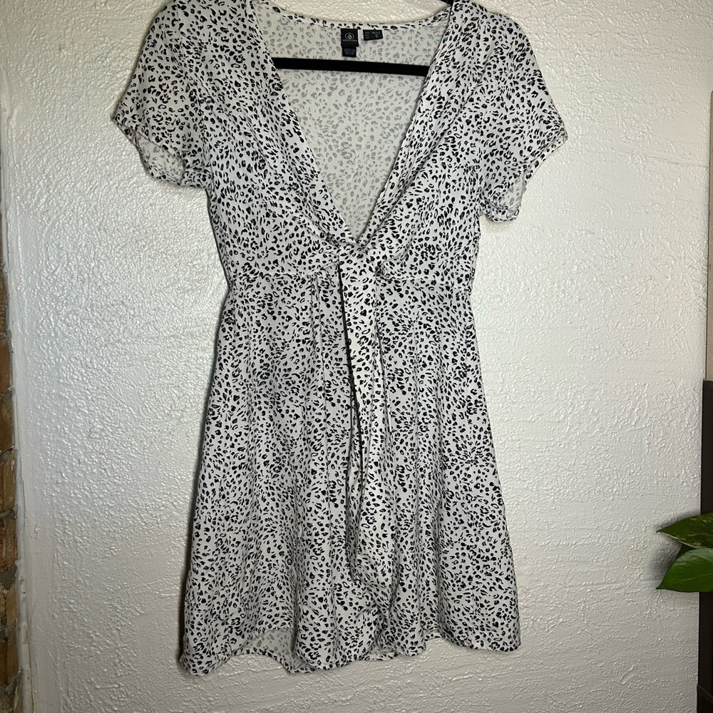 Volcom Black & White Animal Print Tie-Front Mini Dress